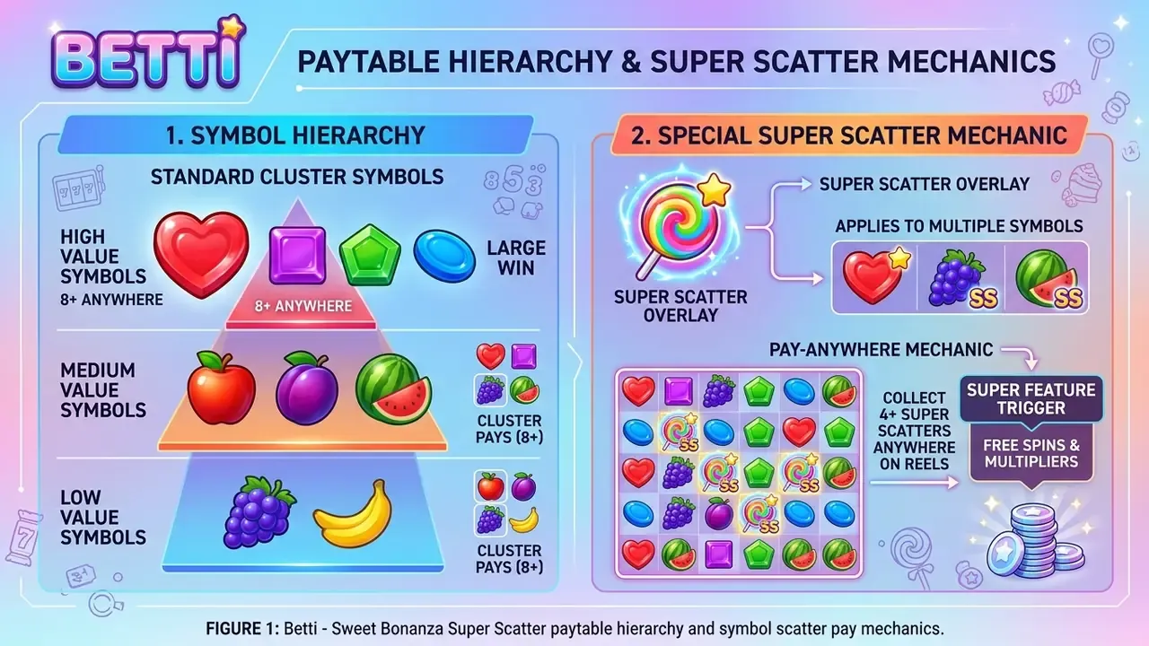 Sweet Bonanza Super Scatter paytable hierarchy and symbol scatter pay mechanics